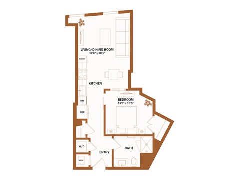 A brown floor plan of a house with a living/dining room, kitchen, bedroom, bathroom, and entry.